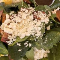 Spinach Salad · Crumbled bacon feta cheese and boiled eggs.