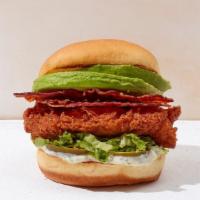 Avocado Bacon Chicken · Crispy chicken breast topped with lettuce, pickles, buttermilk herb mayo (contains milk, whe...
