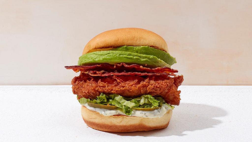Avocado Bacon Chicken · Crispy chicken breast topped with lettuce, pickles, buttermilk herb mayo (contains milk, wheat, egg, soy, and gluten)