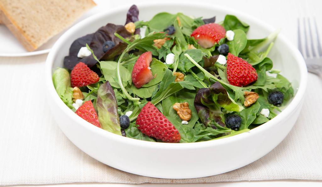 Half Grilled chicken Mixed Berry Salad · Grilled chicken, strawberry, blueberry, walnut, goat cheese, spring mix with Balsamic Vinaigrette dressing