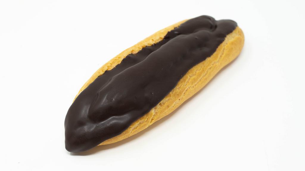 Éclair · A Bavarian Cream Filled Éclair Dipped in Dark Chocolate.
