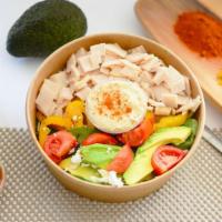 Turkey Avocado Bowl · Rice over baby spinach mixed with avocados tomatoes and honey mustard dressing. Spicy turkey...