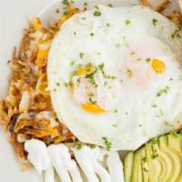 2. Hashtag · Fresh hash browns scrambled with grilled onions, melted jack and cheddar cheese, avocado and...