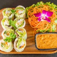 Fresh Spring Rolls Prawns · Prawns, carrot, cilantro, bean sprouts, iceberg, green leaf & mint wrapped in rice paper, se...