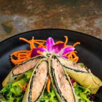 Salmon Rolls · Deep-fried pastry sheet and seaweed wrapped with marinated salmon, served with salad and may...