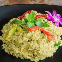 Green Curry Fried Rice · Stir-fried with rice, green curry paste, coconut milk, green bean, bell pepper, basil and ba...