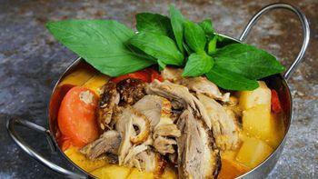 Pineapple Roast Duck Curry · Sliced roasted duck with pineapple, bell pepper, tomato, basil in red curry.   Please note: ...