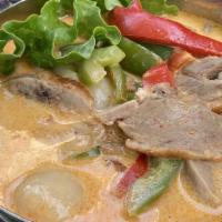 Lychee Roast Duck Curry · Sliced roasted duck with lychee, bell pepper, tomato, basil in red curry.   Please note: Thi...