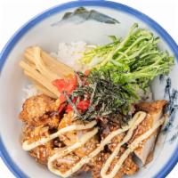 Karaage Gohan · Chicken Karaage, sweet chili soy sauce, Japanese mayo, sesame, bamboo shoots, frisee, green ...