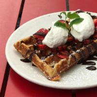 Strawberry & Chocolate Waffle · Strawberries, fresh whipped cream & Guittard chocolate sauce