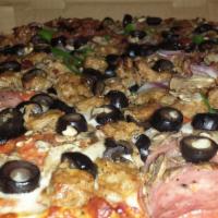 2. Bases Loaded · Pepperoni, smoked ham, salami, red onions, bell peppers, black olives, mushrooms, Italian sa...