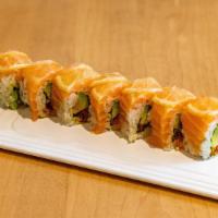 49er Roll · Avocado, tobiko, shiso leaf, topped with salmon and sliced lemon.