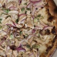 The Funky Chicken · BBQ sauce, chicken breast, smoked gouda, red onions, and scallions.