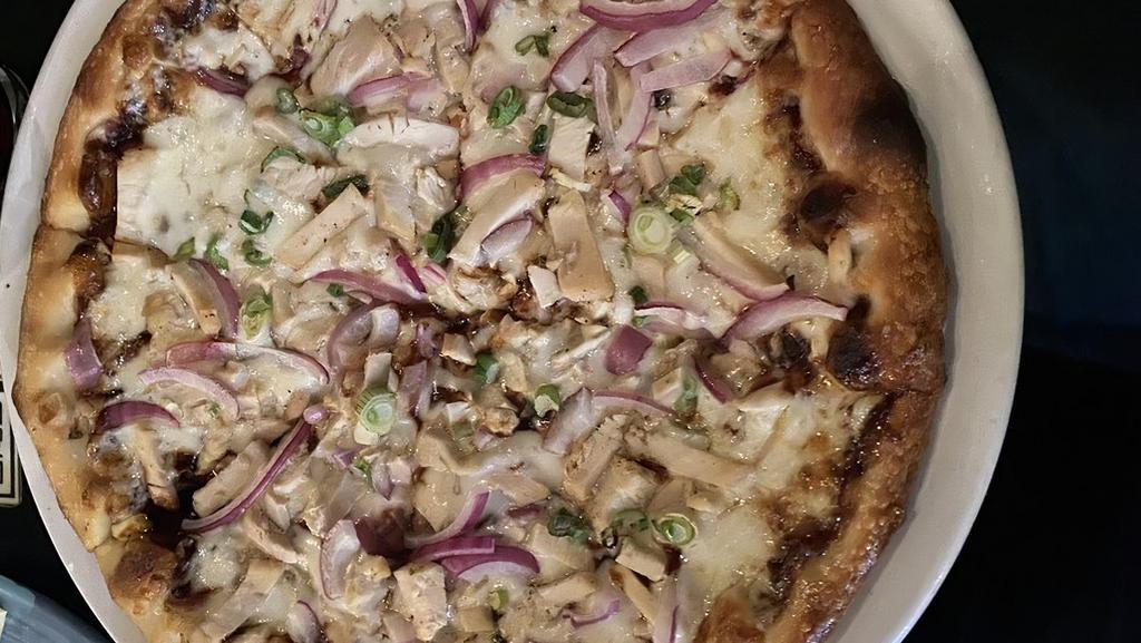 The Funky Chicken · BBQ sauce, chicken breast, smoked gouda, red onions, and scallions.