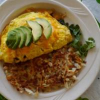 Veggie Omelette · Onions, tomatoes, mushrooms, bell peppers, avocado, spinach and Jack cheese.