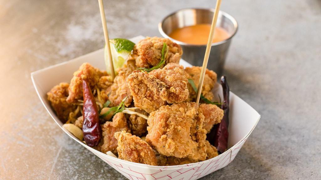 Popcorn Chicken. · fried lemon grass chicken, peanuts served with spicy 'tom yum' aoili