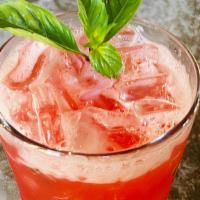SOMA Strawberry-Basil Nojito · Mocktail of fresh basil and strawberries muddled with fresh lime juice, and soda water