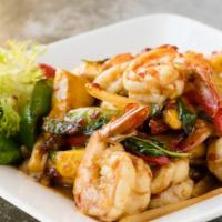 Goong Pad Ma-Muang · Stir fried shrimp with sweet mango & fresh basil in garlic chili sauce