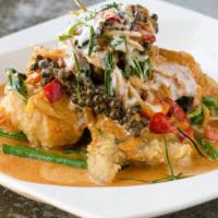 Pad Ped Pla Duk · Spicy Wok style crispy catfish with green beans in spiced kaffir red curry sauce