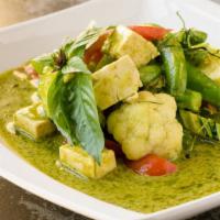 Gaeng Pak · Grilled assorted vegetables and silken tofu with choice of red, green, or yellow curry