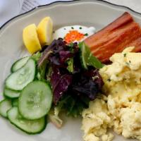 Smoked Trout · Scrambled eggs and trout with seasonal side salad.
