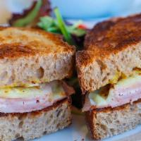 Jambon & Gruyere Sandwich · Ham, cheese, and grain dijon on levain with a petite salade.