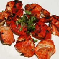 Chichen Boti Kabab · Marinated bbq boneless chicken breast pieces.