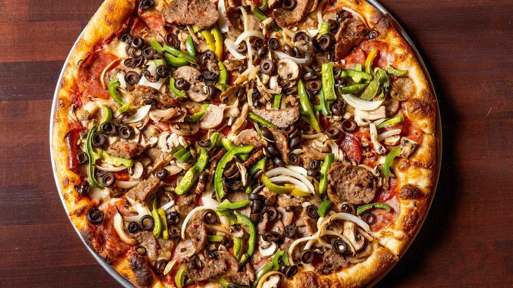 Ghiringhelli's Italian Combo · pepperoni, sausage, salami, meatballs, mozzarella, provolone, green bell peppers, mushrooms, yellow onions, black olives, tomato sauce.