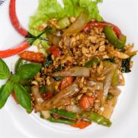 Chicken Basil · Ground chicken sauteed with Thai basil, bell pepper, chili, garlic and onion.