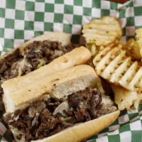 Jake's Cheesesteak · Grilled steak, melted American cheese, grilled onions, mushrooms, bacon, pepperoni, sweet pe...