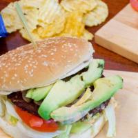 Cali Burger · Beef patty topped with avocado, lettuce, tomatoes, house sauce, pickles & onions