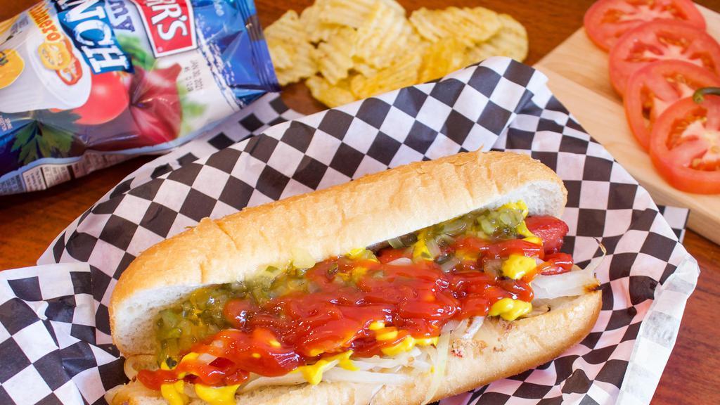 Hot Link · Grilled hot link served on roll with mustard, onions, ketchup and relish, add chili for an additional charge