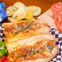 Chicken Parmigiana Sandwich · Chicken tenders, smothered with marinara sauce and topped with provolone cheese and stuffed ...