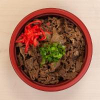 Gyu-Don · Marinated beef with onion, red ginger, green onion, white rice.