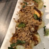 H23. Veggie Temp Roll · Veggie tempura, fried shallots, green onion, avocado, cucumber, with spicy mayo sauce, and s...