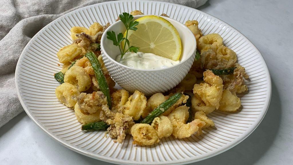 Fritto Misto · Fried shrimp, squid and green beans (semolina coated) served with caper, lemon & parsley aioli