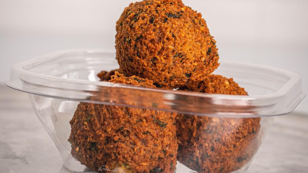 Falafel · 5 pieces. Made fresh to order with ground chickpeas, parsley, Mediterranean herbs & spices served with tahini.