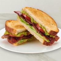 BLTA Sandwich · Thick cut Applewood smoked bacon, black and cayenne pepper rub, crisp green leaf lettuce, sm...