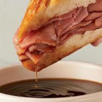 Sourdough French Dip · Thinly sliced roast beef, au jus dipping sauce, on a sourdough baguette, side of horseradish...