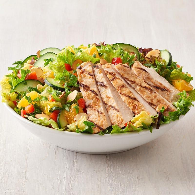 Asian Chicken Salad · All natural chicken breast, oranges, cucumbers, red bell pepper, almonds, cilantro, spring mix and sesame ginger dressing. (contains nuts)