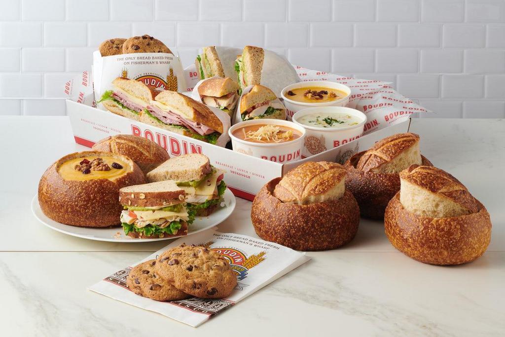 Bread Bowl Soup And Sandwich Family Meal For 4 · This meal includes 4 sourdough bread bowl soups, 4 whole sandwiches and 4 yummy baked cookies for dessert.  Excludes hot sandwiches. No substitutions or modifications.