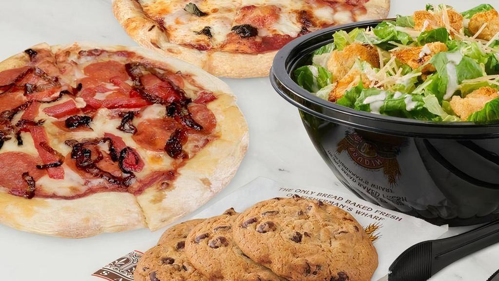 Pizza And Salad Family Meal For 4 · Meal includes two sourdough pizzas, choice of classic *Caesar or *Spring salad for four and four yummy cookies for dessert.  *Add Chicken for $6.89 more.  No substitutions or modifications.
