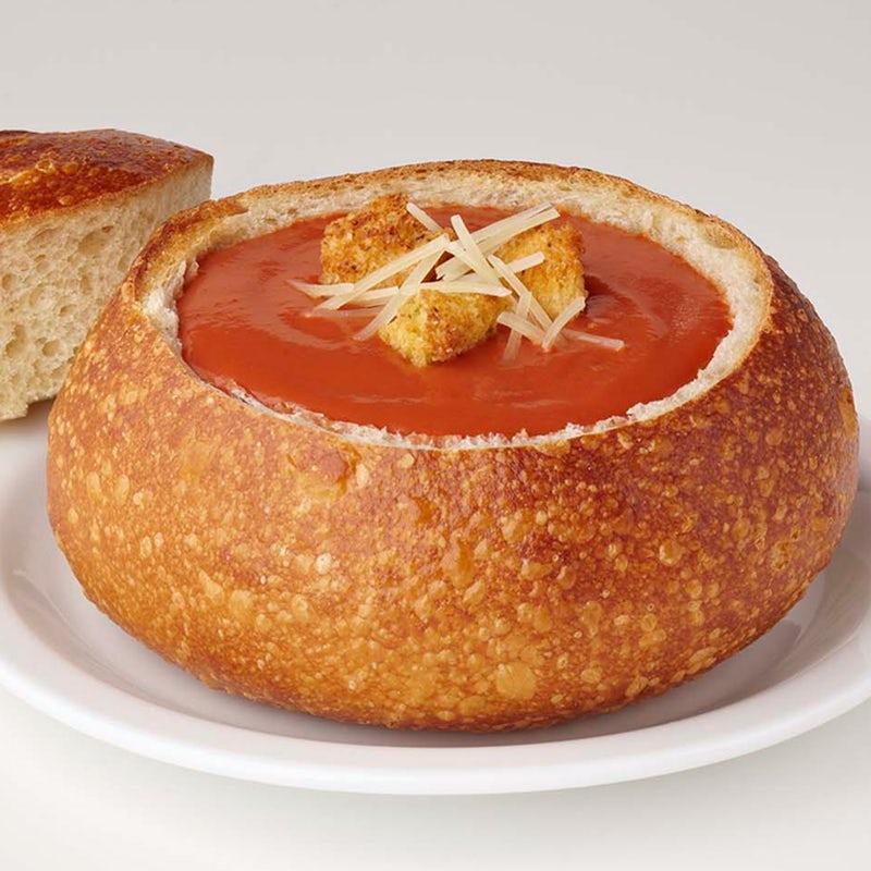 Rustic Tomato · Garnished with sourdough croutons and parmesan cheese. Nutritional information accounts for soup and 3.8oz of bread bowl top.  (Vegetarian)