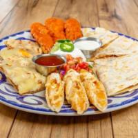 FRESH MEX SAMPLER · Great for sharing! Chicken fajita nachos, chicken quesadilla, border chicken tenders or wing...