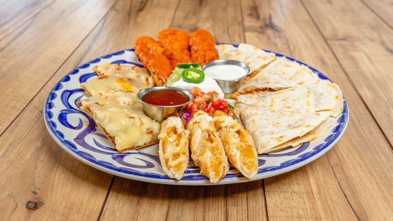 FRESH MEX SAMPLER · Great for sharing! Chicken fajita nachos, chicken quesadilla, border chicken tenders or wings and crispy chicken flautas.
