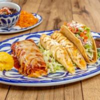 THREE ITEM COMBO · Select from Enchiladas, Soft or Crispy Tacos, hand-rolled pork tamale, Crispy Chicken Flauta...