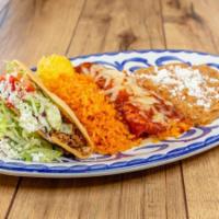TWO ITEM COMBO · Select from Enchiladas, Soft or Crispy Tacos, hand-rolled pork tamale, Crispy Chicken Flauta...