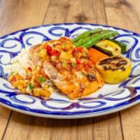 Grilled Salmon · Seasoned salmon topped with pineapple salsa. Served with seasonal vegetables and Fresh Mex® ...