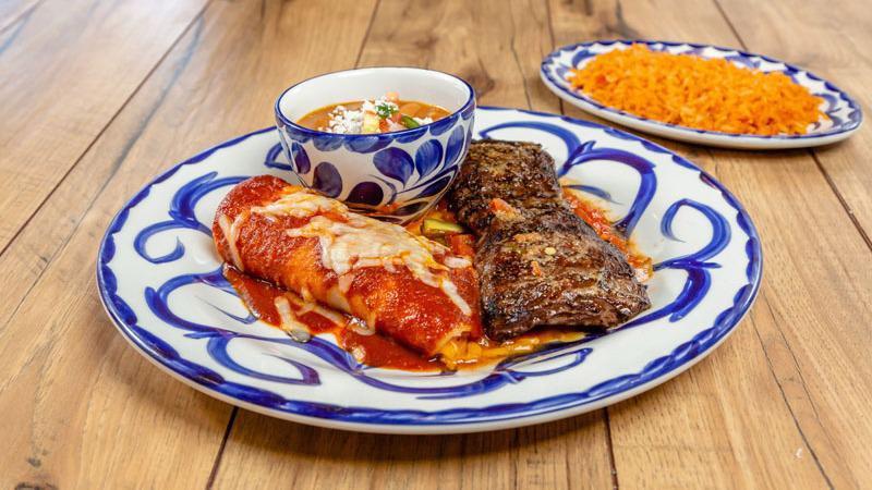 Carne Asada And Cheese Enchilada · Fresh citrus-marinated skirt steak with a cheese enchilada with New Mexico Red Chile sauce topped with jack cheese. Served with Fresh Mex rice and beans a la charra.