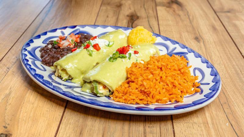 Farmers' Market Enchiladas · Artichoke hearts and mushrooms sautéed with sun-dried tomatoes, roasted poblano peppers, melted jack cheese and smothered in our habanero-pesto cream sauce.